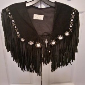 Cache Vintage Western Vegan Faux Suede Fringe Cape